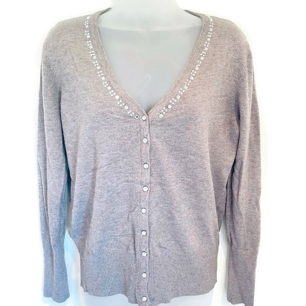 Bloomingdales Sioni Beaded‎ Glass/Crystals V-Neck Button Up Cardigan, Size M